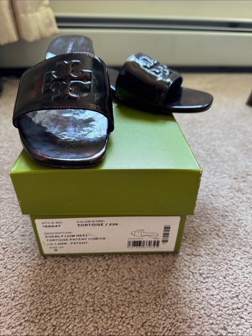 Tory Burch Brown Tortoiseshell Patent Logo Slide Sandals - Picture 10 of 14